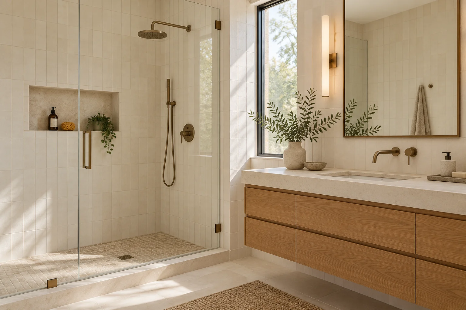 Design inspiration: an airy tiled bathroom with oak cabinetry