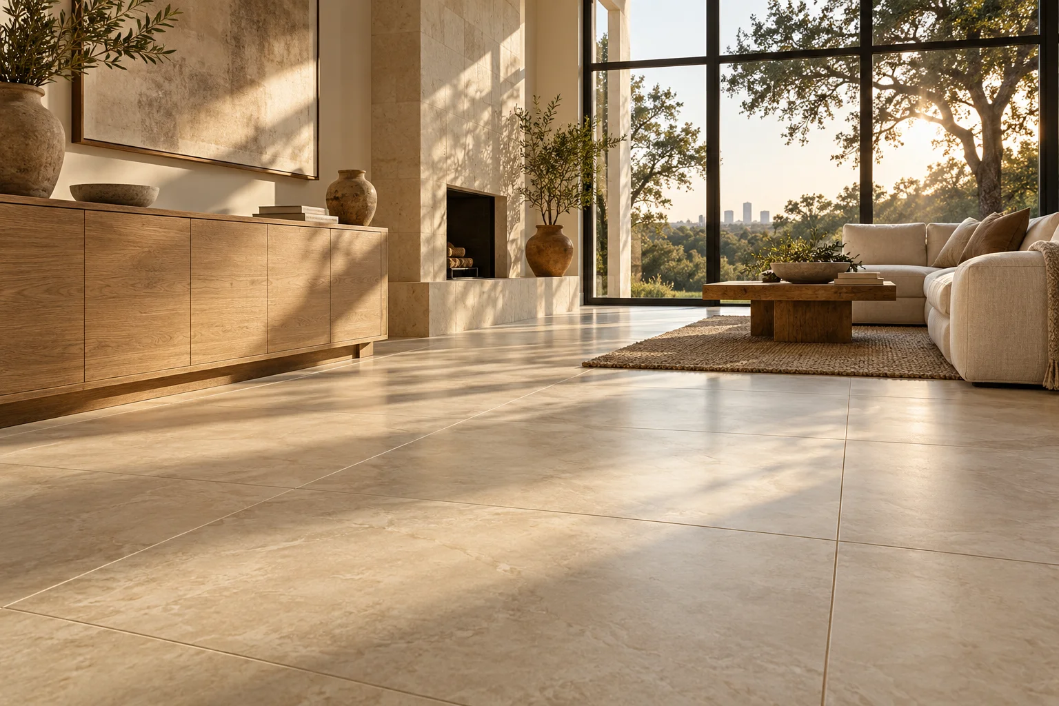 Porcelain-style tiled floor extending through a light-filled living room